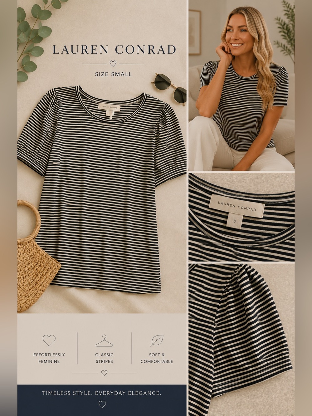 LC Lauren Conrad Black and White Striped Short Sleeve Tee - Classic Crew